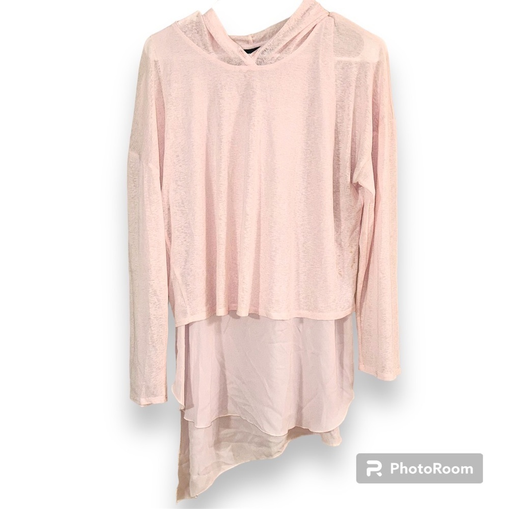 Frank Lyman Weekend Hooded Asymmetrical Blush Pink Flowy Long Sleeve Blouse sz L